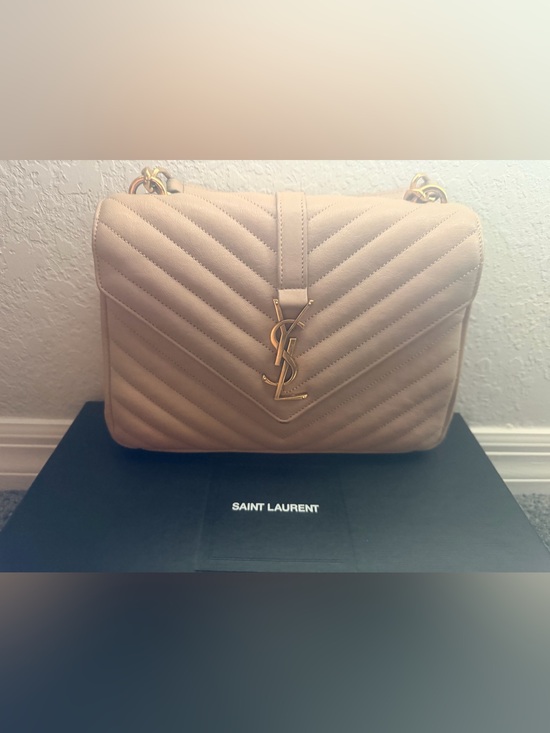 Saint Laurent Handbags - Saint Laurent Beige Quilted Leather Shoulder Bag with Gold Hardware